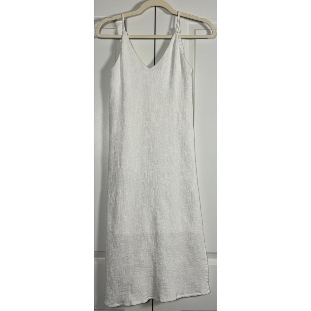 J.O.A. Angeles Womens Linen Rib-Texture Slip Dress White Midi Length V-Neck XS